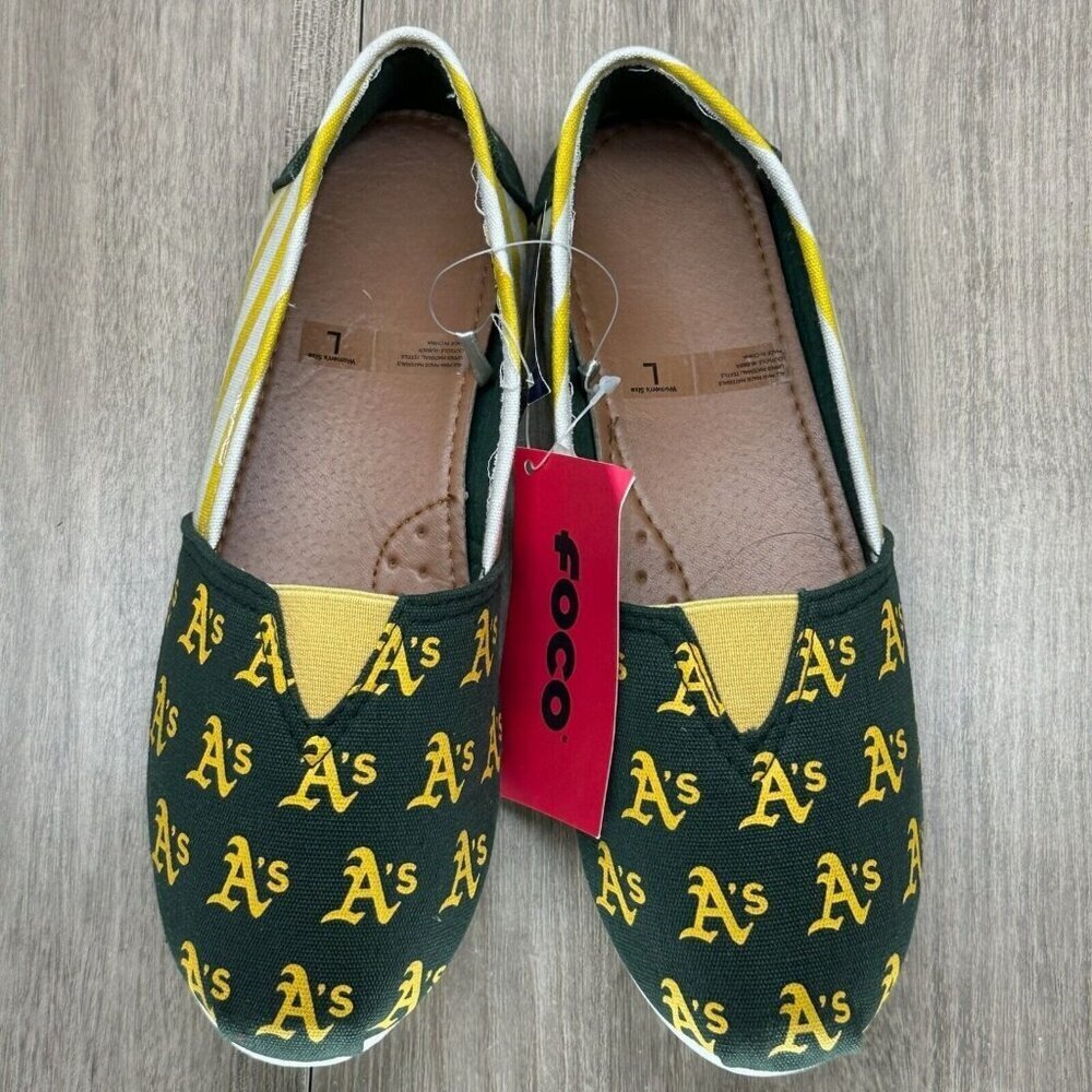 FOCO MLB Shoes Womens Sz L Oakland Athletics Slip On Loafers Canvas Green Yellow